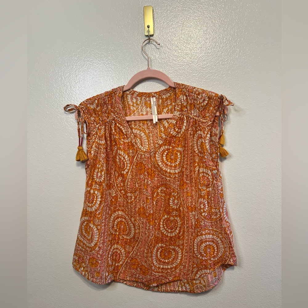 Anthropologie Orange Flutter Sleeve Blouse (Terra Shirred Blouse)